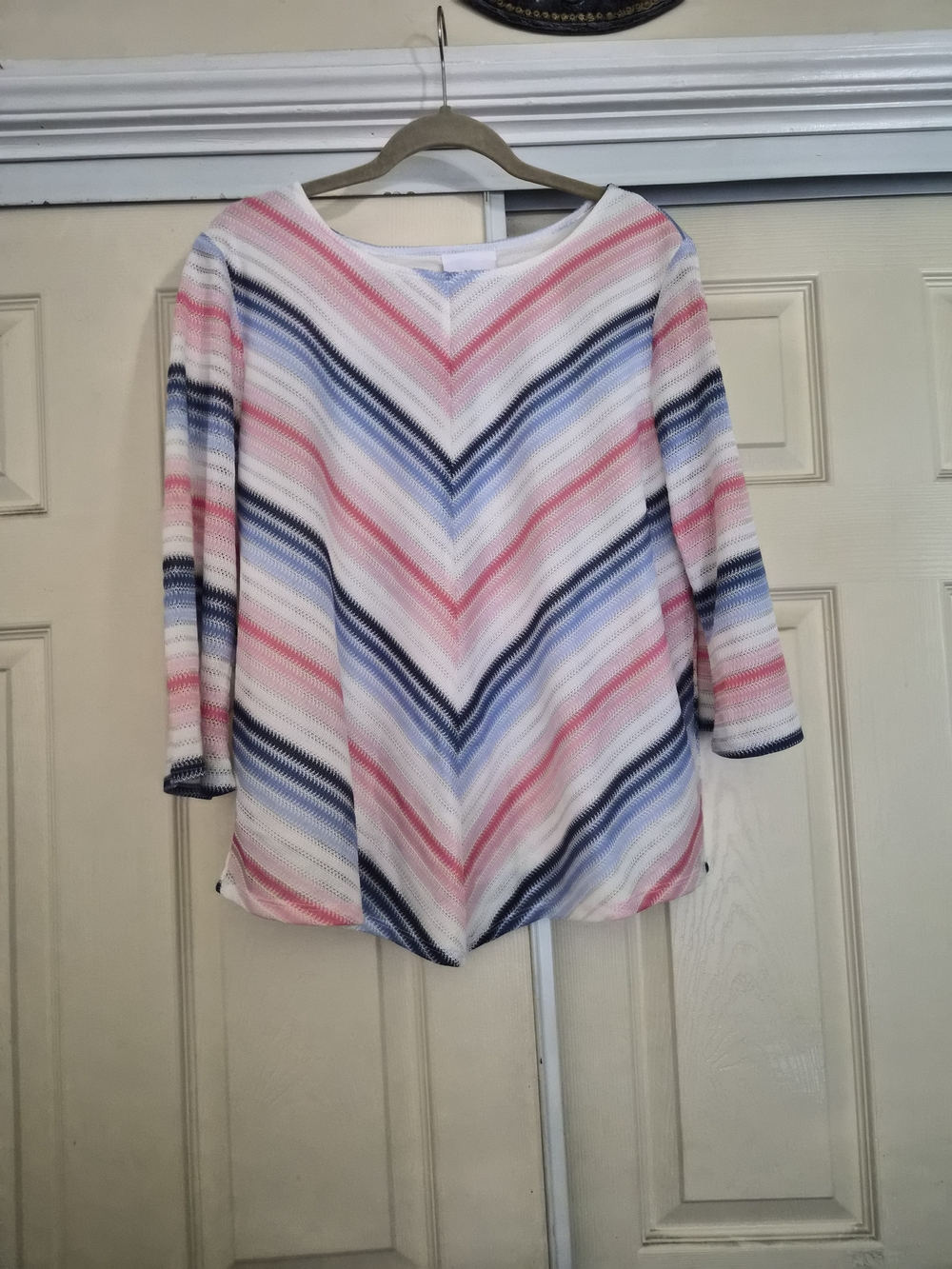 Alfred Dunner Chevron Stripe 3/4 Sleeve Top - Pink, Blue & White